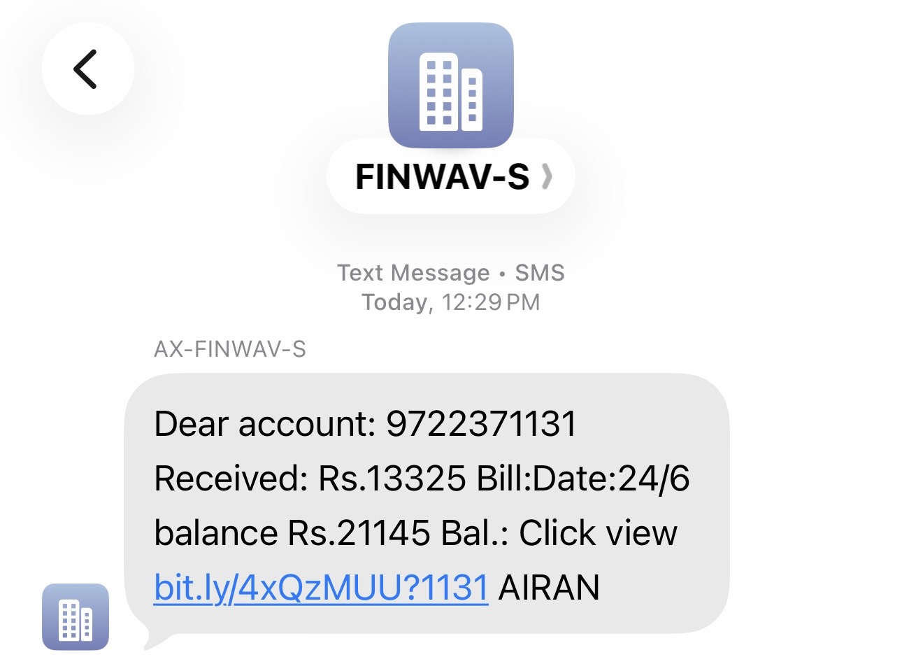 Fraudulent SMS from fake FINWAV-S sender with a bit.ly link