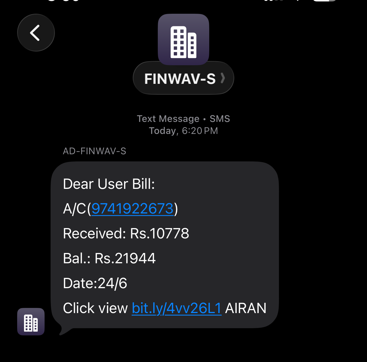 Fraudulent SMS showing fake balance details and a suspicious link